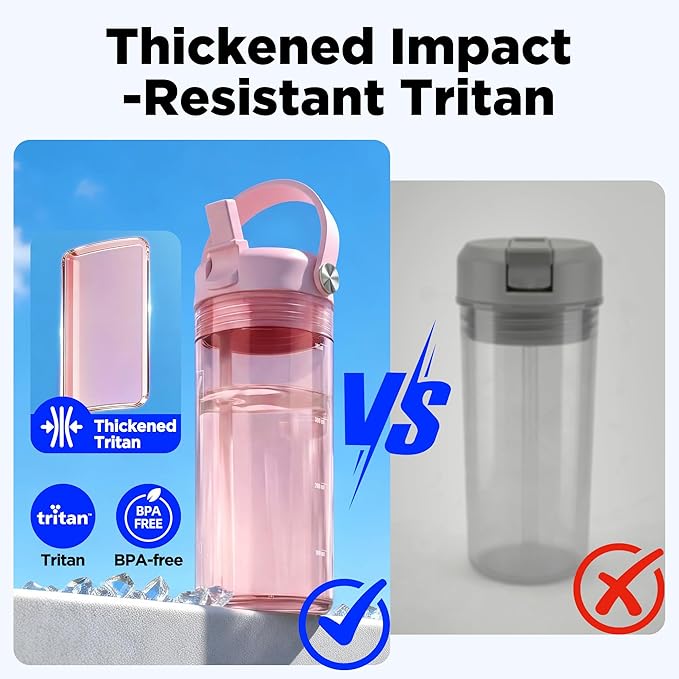 12oz Kids Water Bottle, BPA Free Thick Tritan Plastic Reusable, Clear Water Bottle with Straw, Leakproof Lid, Dishwasher Safe, Boy girl for School,Travel Pink