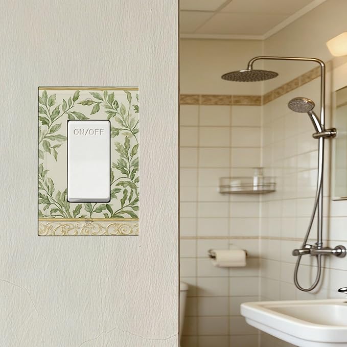 Soft Green Botanical Scroll Single Rocker Switch Cover - 1-Gang Standard US Size Regency Style Leafy Vine Design Light Switch Covers for Bedroom Living Room Decor