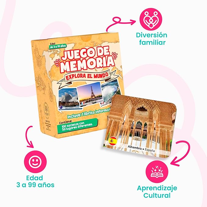 Menique Explore The World Memory Matching Game – Spanish Edition – 100 Cards (50 Pairs) with Iconic Landmarks, Country & Flag – Educational Geography Game in Spanish.