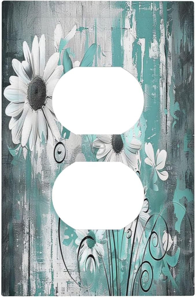 Outlet Covers Teal Daisy Floral Vintage Wood Plank 1 Gang Duplex Light Switch Cover Decorative Switch Plates Electrical Receptacle Faceplate Wall Plate For Farmhouse Cabin Decor