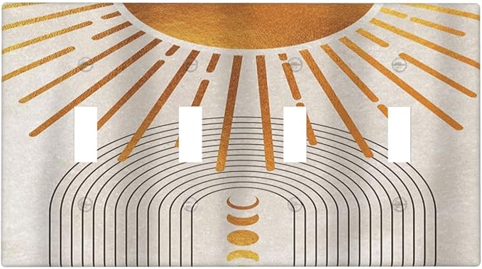 Mid Century Gold Sun Abstract Arch Boho Moon Quad Toggle Light Switch Covers Decorative Unique 4 Gang Wall Plate Electrical Faceplate Switchplate for Kitchen Bedroom Bathroom Decor