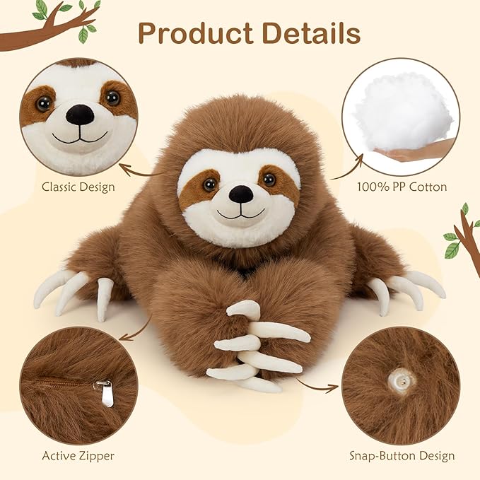 BENINY Large Sloth Stuffed Animals 28", Realistic Three Toed Big Sloth Plush Pillow with Snap Button Hands for Hanging, Gifts for Teens Adults Decors