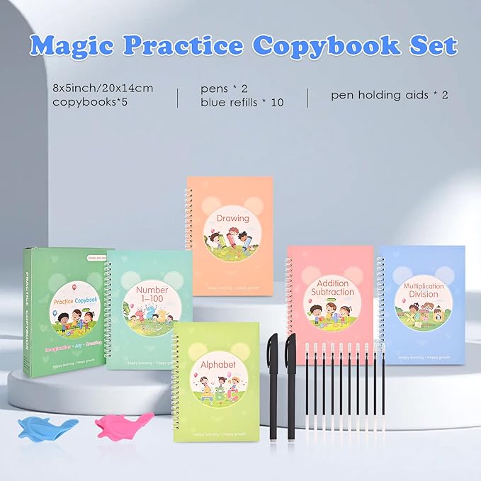 AALGO Magic Grooved Practice Copybook 5 Pack with Pens, Reusable Grooved Handwriting Magic Workbooks,Learn to Write Letters Numbers, Math, Tracing for Kids Ages 3-8