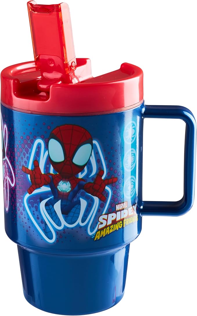 Get Trend Marvel Spiderman Kids Water Bottle with Straw 16.9 oz BPA Free Plastic Cup with Lid Handle Reusable Tumbler for School Gifts for Kids (Blue Spidey)
