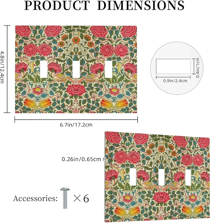 William Morris Roses Floral 3 Gang Light Switch Cover VintageTulip Flower Plant Bird Triple Toggle Wall Plate Decorative Electrical Switchplates for Country Bedroom Living Room Decor