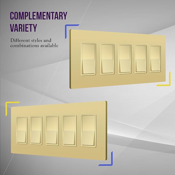ENERLITES Elite Series Screwless Decorator Wall Plate Child Safe Outlet Cover, Gloss Finish, Size 5-Gang 4.68" H x 10.14" L, Unbreakable Polycarbonate Thermoplastic, SI8835-GD, Gold