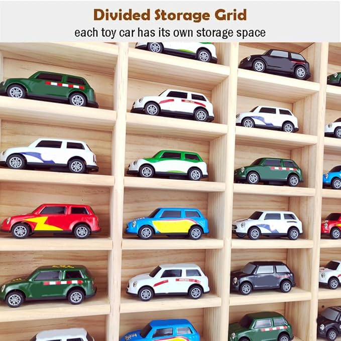 Wood Toy Car Display Rack, Holds 42 Diecast Cars Model Car Display Case 1/64 Scale Toy Cars Organizer Freestanding or Wall-Mounted Toy Car Storage Cabinet
