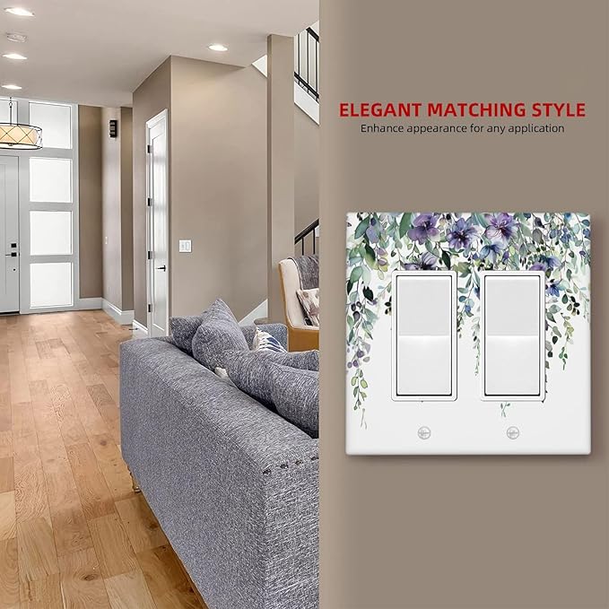 Decorative Outlet Covers Blue Purple Eucalyptus Leaves Boho Botanical 2 Gang Double Rocker Light Switch Cover Decorative Switch plates Electrical Wallplates GFCI Receptacle for Bathroom Home
