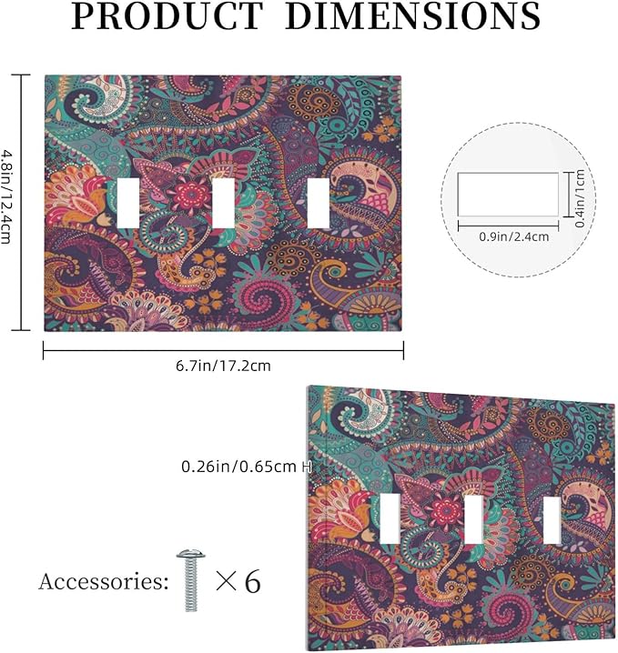 Mandala Boho Paisley Purple Floral Colorful Flower Decorative Switch Plates 3 Gang Wall Plate Triple Toggle Light Switch Cover Faceplate Electrical Wall Panels for Home Bedroom Decor