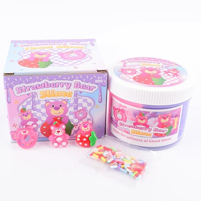 Pink Strawberry Bear Cloud Slime Kit – Ultra Soft Fluffy Texture, Sweet Scented Slime for Kids, Birthday Party Favors & Goodie Bag Stuffers for Boys & Girls Ages 6-12