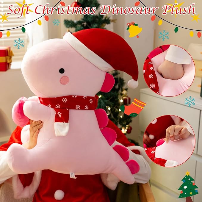 SQEQE Dinosaur Plush Pillow, Cute Loving Stuffed Dinosaur with Heart, Christmas Stuffed Animal Plush Toys Gift for Her Girls Kids (Pink, 20 Inch)