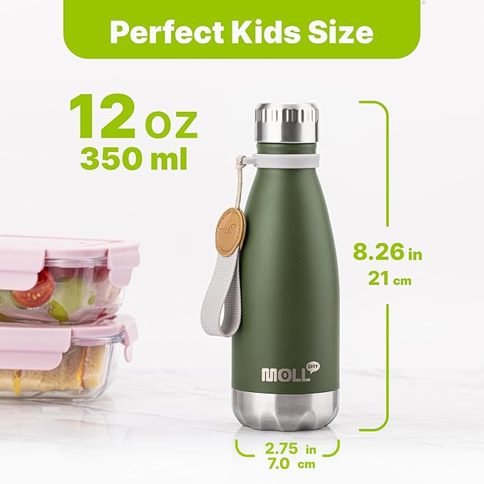 Small Water Bottle-12 oz Stainless Steel Vacuum Insulated Water Bottle for Kids for School, Leak Proof Cola Shape Travel Water Bottle for Boys (Grass Green-Navy)