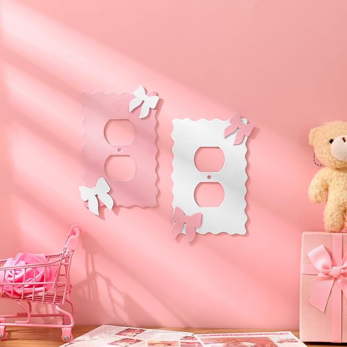 Relaxweex 2 Pcs Pink Bow Light Switch Cover Wall Plate Room Decor Metal Toggle Pink and White Cute Decorative Outlet Cover for Bedroom Home Decor (Round Hole)