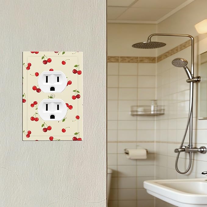 Sweet Cherry Blossom Duplex Wall Plate - 1-Gang Standard US Size Playful Cherry Duo Outlet Covers, Retro Cherry Print for Girls Room Decor