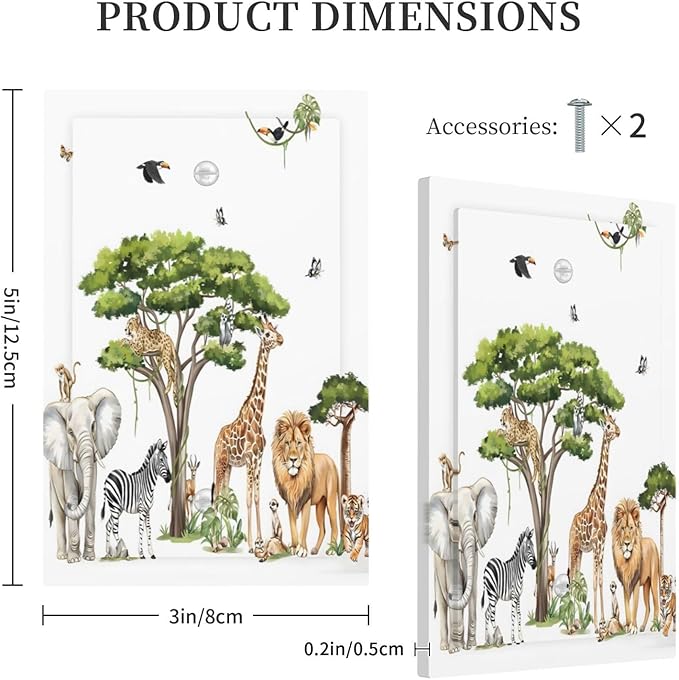 Large Animals Elephant Giraffe Jungle Lion Leopard Zebra Light Switch Cover Plate 1 Gang No Device Blank Electrical Wall Plates Faceplate Decorative Switch Plate Covers for Kids Room Nursery Decor