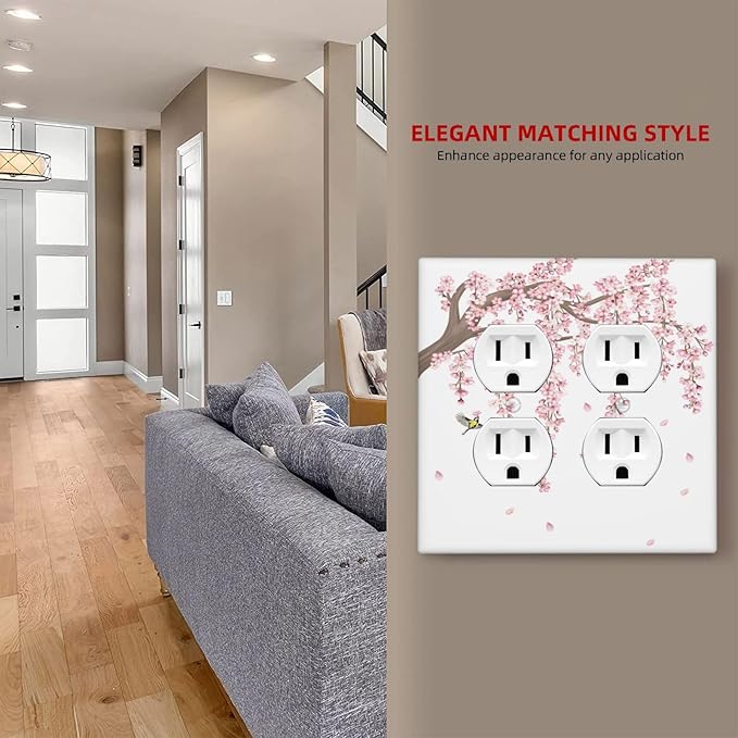 Pink Flower Tree Branch Cherry Blossom Tree Floral Birds Outlet Covers 2 Gang Double Duplex Decorative Light Switch Covers Electrical Wallplates Socket Faceplate for Bedroom Living Room Decor
