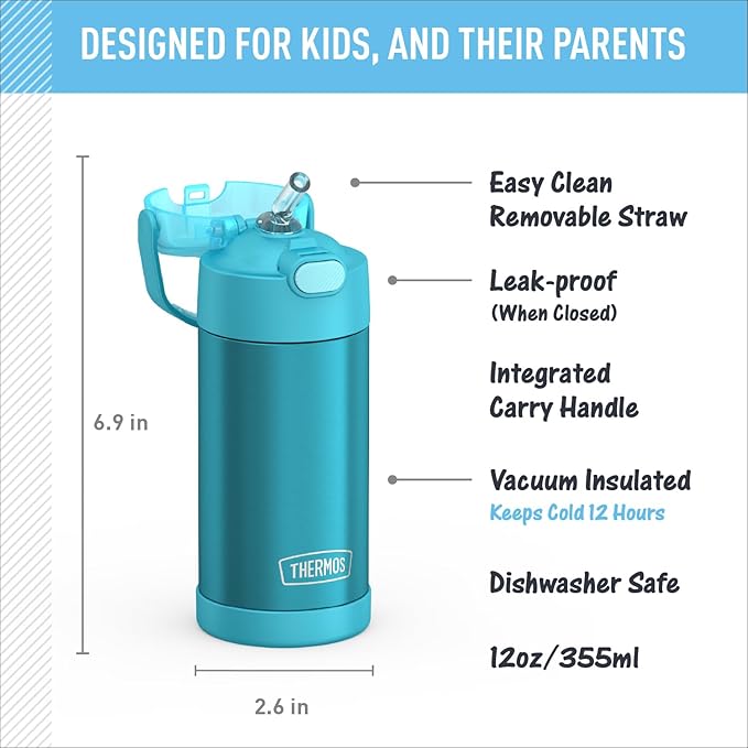 THERMOS FUNTAINER Water Bottle with Straw - 12 Ounce - Kids Stainless Steel Vacuum Insulated Water Bottle with Lid,Teal,(Pack of 6)