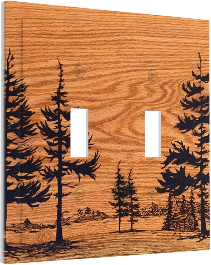 Pine Forest Natural Scenery Silhouette Wood Grain Decorative Switch Plates 2 Gang Double Toggle Outlet Light Switch Cover Wall Plate Electrical Faceplate for Farmhouse Home Decor
