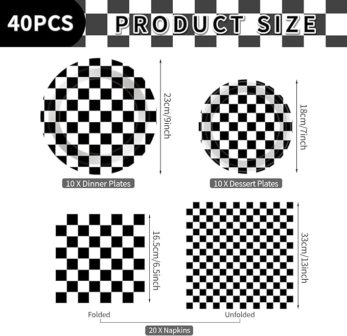 40 Pcs Race Car Plates and and Napkins - Black and White Checkered Birthday Decorations Tableware, Racing Cars Dinner Dessert Paper Plates Checkered Flag Napkins Set for Race Car Sport Party Supplies