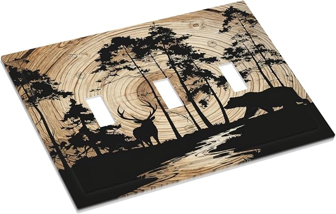 Rustic Forest Antler Black Bear Deer Silhouettes Decorative Switch Plates 3 Gang Wall Plate Triple Toggle Light Switch Cover Faceplate Electrical Wall Panels for Farmhouse Home Decor