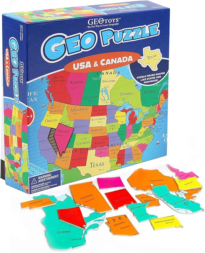 GeoToys GeoPuzzle, USA & Canada Jigsaw Puzzles, 69 Pc Geography Game & Map Puzzle, Educational Games & Kids Learning Activities, Puzzle Gifts for Children Ages 6-9, Fun Learning Toys for Kids
