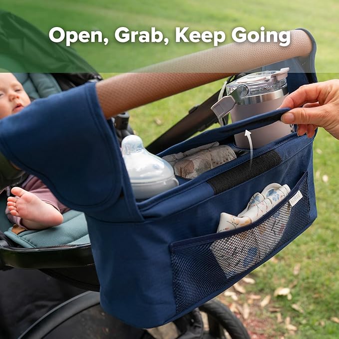 haakaa Stroll & Go Organiser - 2 Cup Holders - Bluestone, Ultimate Stroller Organizer Universal Fit with Adjustable Non-Slip Straps & Hooks, Stroller Caddy Accessories with Shoulder Strap