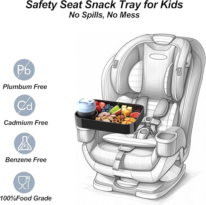 Car Seat Snack Tray for Kids, Mess-Free Square Travel Tray Cup Holder Snack Tray, Durable Car Food Tray for Toddlers, Universal Fit Kids Travel Road Trip Essentials (2Pcs black)