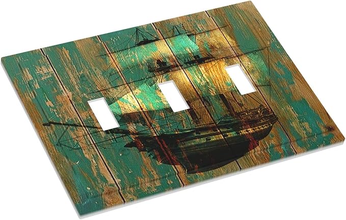 Decorative Switch Plates Rustic Green Wood Grain Sailboat 3 Gang Wall Plate Faceplate Triple Toggle Light Switch Cover Electrical Wall Panels for Farmhouse Bedroom Decor