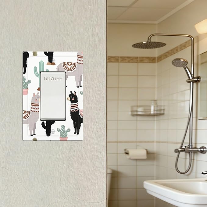 Playful Llamas & Cactuses Desert Pattern Single Rocker Switch Cover - 1-Gang Standard US Size Bohemian Desert Animals Light Switch Covers for Boys & Girls Bedroom Playroom Decor