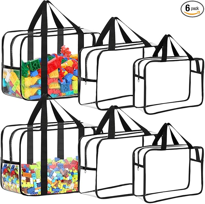 6 Packs Toy Storage Bags with Labels, Reusable Clear PVC Board Game Storage, Travel Waterproof Organizer Bags with Zipper Large Capacity (L, XL, XXL)