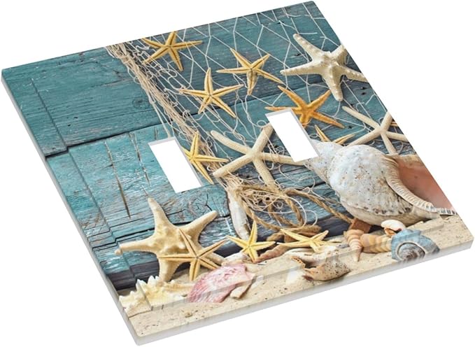 Coastal Nautical Seashell Turquoise Wooden Board Sand Blue Wood Planks Starfish Double Toggle Light Switch Cover 2-Gang Electrical Wall Plate Jumbo Size Receptacle Outlet Cover Faceplate Switchplate
