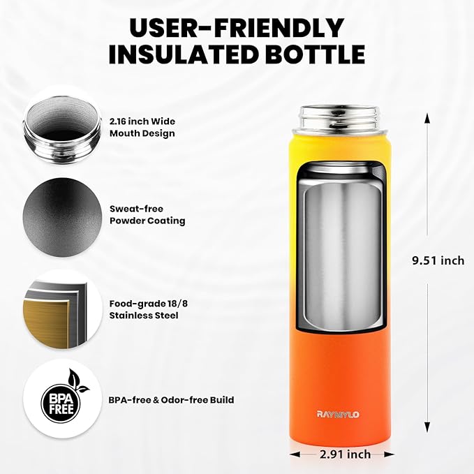 RAYMYLO Insulated Water Bottle 20 oz, Triple Wall Vacuum Stainless Steel (Cold for 24Hrs, Hot for 12Hrs), Leak Proof & Non-BPA, Kids Water Bottle Jug for School with Straw Spout Lids
