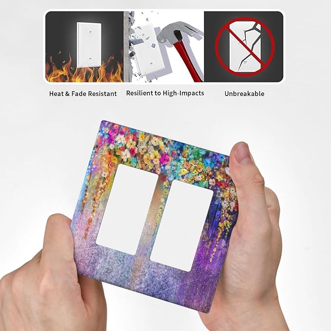 Colorful Floral Watercolor Flower 2 Gang Rocker Decora Light Switch Cover Decorative Purple Outlet Covers Wall Plate Electrical Faceplate Switchcovers GFCI for Farmhouse Bathroom Bedroom Decor