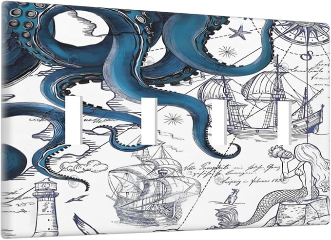 Nautical Vintage Map Octopus Mermaid Lighthouse Boat Light Switch Covers Quad Toggle Electrical Faceplate 4 Gang Wall Plate Decorative Switch Plates Cover for Bathroom Kids Room Decor