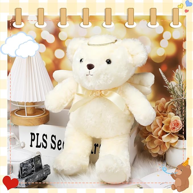 Meooeck Hydren 13.8 Inch Angel Bear Stuffed Animal - Soft Angel Plush Prayer Bear with Wings and Halo, Sympathy Gift for Kids, Boys, Girls, Ideal for Baby Shower, Baptism, Christening, Birthday