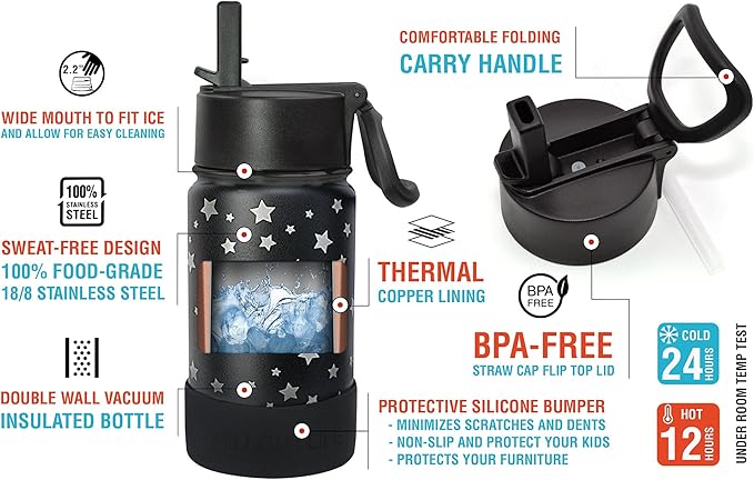 CHILLOUT LIFE 12 oz Kids Insulated Water Bottle for School with Straw Lid Leakproof and Cute Waterproof Stickers, Personalized Stainless Steel Thermos Flask Metal Water Bottle for Girls & Boys
