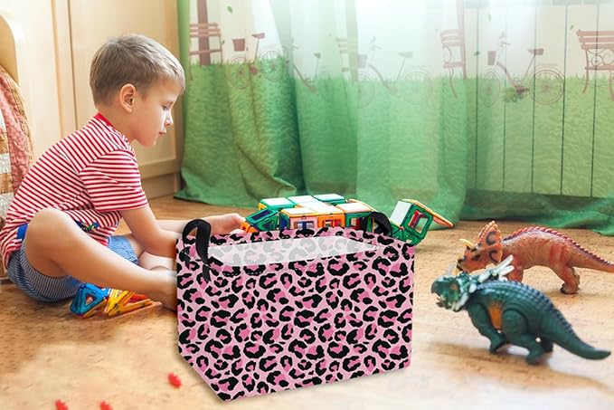 Essme Rectangular Kids Baskets,Pink Storage Basket with Handles for Girls Room Decor, Leopard Print Box,Cute Storage Bin（Pink leopard print）