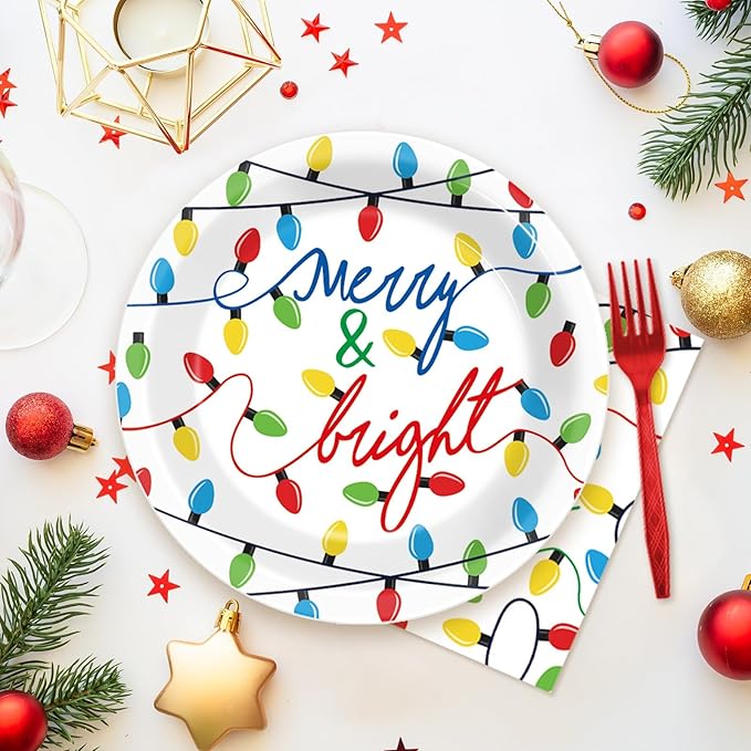 ZOIIWA 96PCS Merry Christmas Party Tableware Set Christmas Lights Party Supplies Merry and Bright Disposable Dinnerware Plates Napkins Forks with Holiday String Lights for Xmas Birthday Favors