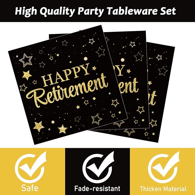96 Pcs Retirement Party Plates Napkins Tableware Set Happy Retirement Supplies Black and Golden Disposable Dinnerware Retired Party Decoration Favors for Women Men, 24 Guests
