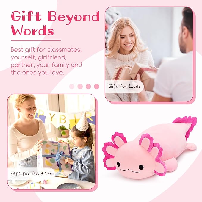 BENINY 39-Inch Giant Hot Pink Axolotl Plush Pillow - Extra Soft Huggable Stuffed Animal, Big Cuddly Toy Gift for Girls & Kids, Holiday Birthday
