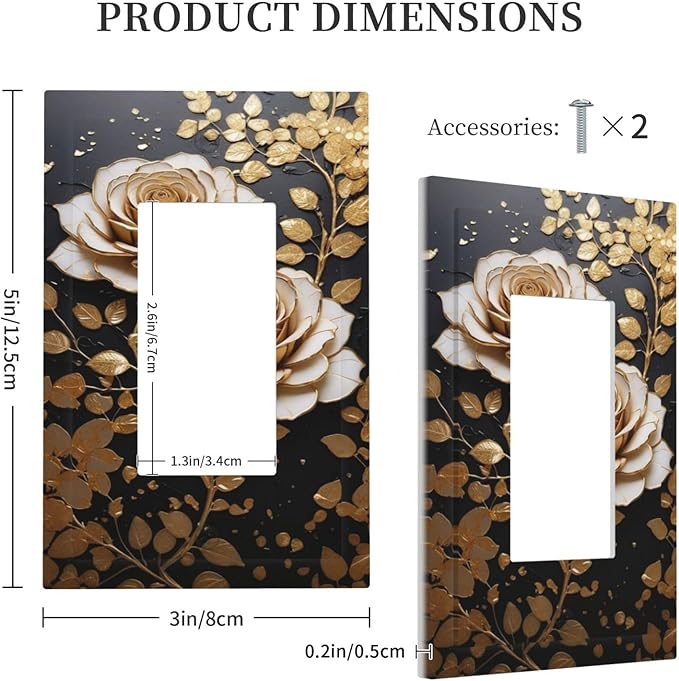 Decorative Outlet Covers Big Golden White Roses Glod Leaves Black Background 1 Gang Single Decora GFCI Device Light Switch Covers Plate 1 Rocker Wall Plate Jumbo Switch Cover Plate