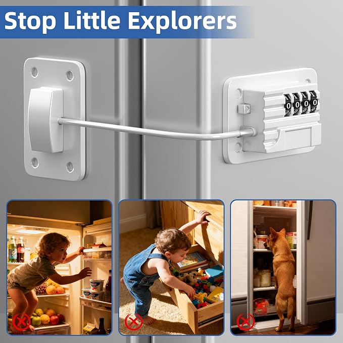 RORMGO Refrigerator Lock, Heavy Duty Fridge Locks for Kids, Freezer Lock with Combination for Refrigerator Drawer Cabinet Safety, Easy to Install No Keys Needed White