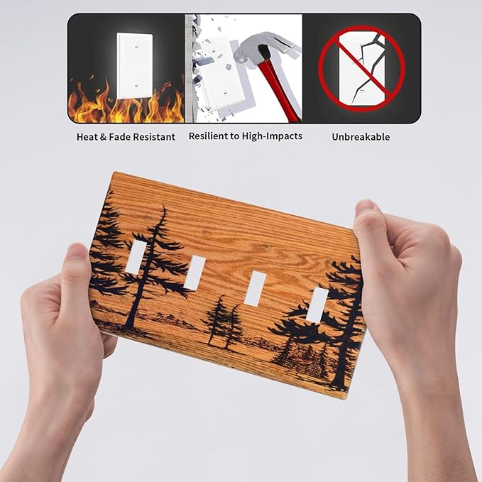 Pine Forest Natural Scenery Silhouette Wood Grain Light Switch Covers Quad Toggle Electrical Faceplate 4 Gang Wall Plate Decorative Switch Plates Cover for Farmhouse Home Decor