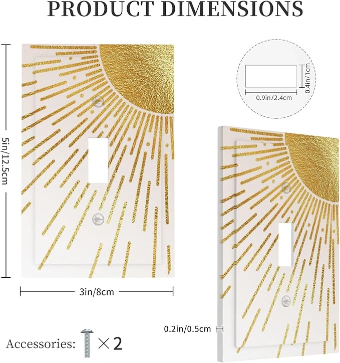 Mid Century Boho Gold Sun Abstract Sunrise Decorative Light Switch Cover 1 Gang Single Toggle Device Electrical Faceplate Switchplates Decorator Outlet Wall Plate for Kids Room Home Decor
