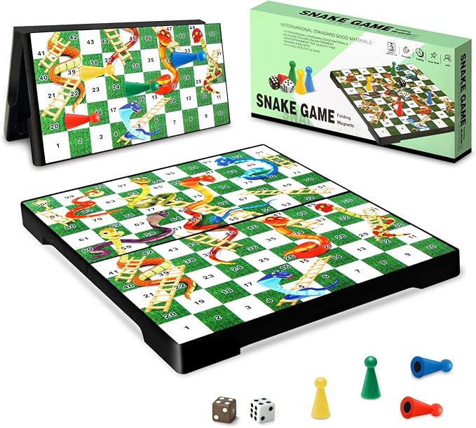 Magnetic Snakes and Ladders Board Game for Kids and Adults - 9" Compact Portable Travel Games with Pieces and Dice, Classic Foldable Family Game Set for 2-4 Players Ages 3 and Up