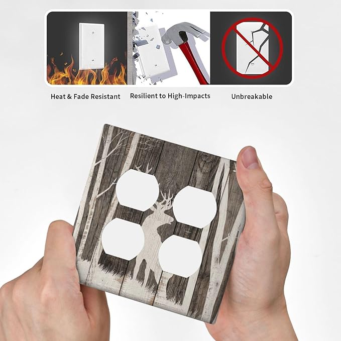 Vintage Wood Forest Deer Wildlife Animal Silhouette Outlet Covers 2 Gang Double Duplex Decorative Light Switch Covers Electrical Wallplates Socket Faceplate for Farmhouse Home Decor
