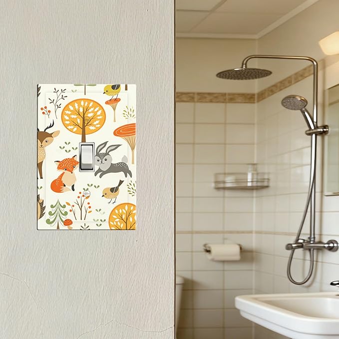 Cute Woodland Animals 1-Gang Toggle Light Switch Plate, Forest Trees Mushrooms and Berries Decorative Wall Plate for Boys & Girls Bedroom