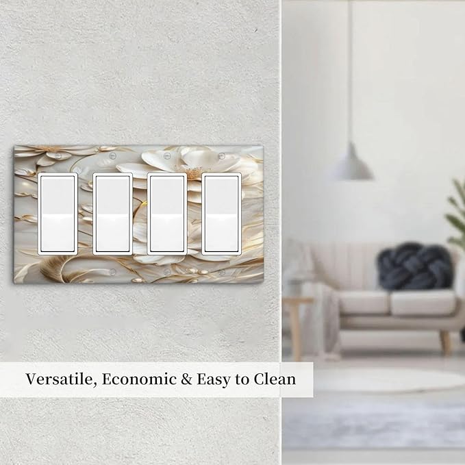 Decorative Art Light Switch Covers Elegant White and Gold Florals 4 Gang Rocker Decora Outlet Covers Electrical Faceplate GFCI Wall Plate for Home Decor
