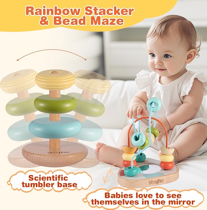 Twefex Wooden Montessori Learning Toys Kit,Babies Toys Set for 1 Year Old, Sensory and Thinking Play kit for Toddlers (Boys and Girls). 4 in 1 Drop Box; Rocking Stacker; Bead Maze.