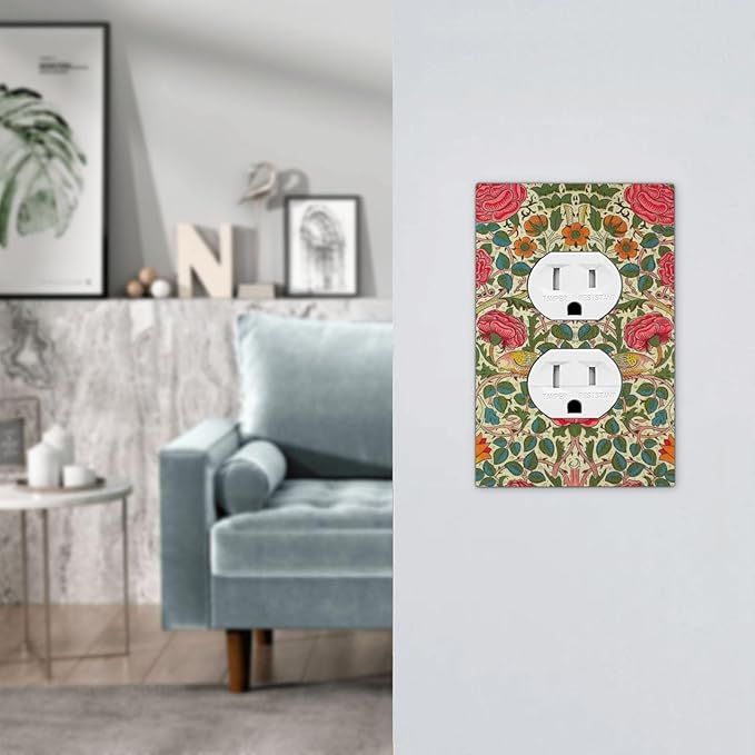 William Morris Roses Floral 1 Gang Electrical Duplex Outlet Covers VintageTulip Flower Plant Bird Light Switch Cover Receptacle Wall Plate Decorative for Country Bedroom Home Decor